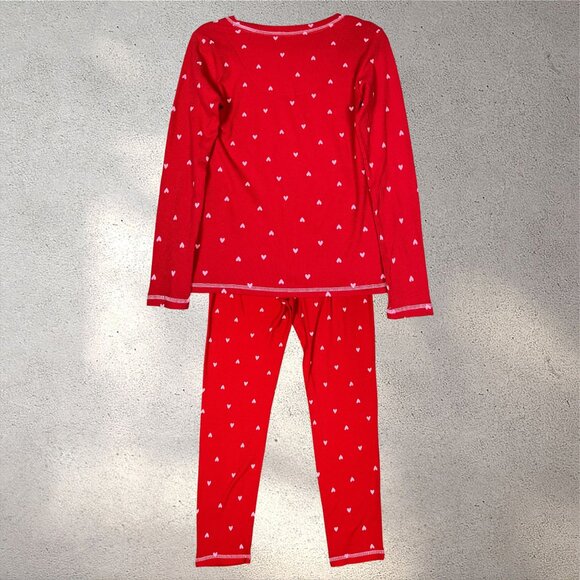 Laura Ashley Heart Print Pajama Set Women’s M Red Waffle Knit Y2K Cozy Valentine - Picture 2 of 16